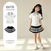Conjunto de Roupa de Verão para Meninas: Conjunto Doce de Verão com Blusa de Manga Curta com Gola e Renda do Gato Kt para Crianças Maiores