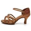 Zapatos de baile latino para mujer, nuevos, para adultos, tacón alto de 7 cm, 34-41, de satén marrón con hebilla de diamante, suela suave de baile estándar nacional