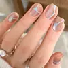Adesivos para unhas tipo gatinho, nude, translúcidos, com padrão geométrico azul claro, de comprimento médio, formato quadrado, adesivos simples para nail art, unhas postiças prontas