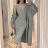 Moda Otoño e Invierno Color Sólido Cárdigan de Punto Vestido con Tirantes Traje para Mujer Abrigo Elegante de Suéter Vestido Largo Conjunto de Dos Piezas