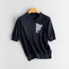 Suéter Fino de Malha Intarsia 100% Caxemira 68 Fios, Manga Curta, Design de Cabeça de Gato, Malha Versátil, Coleção Primavera/Outono 2026