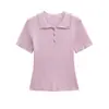 Para Exportación Transfronteriza Verano Nuevo para Mujer Diseño Francés Europeo y Americano Color Sólido Manga Corta Cuello con Joyas Polo Acanalado