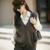 Colete de tricô com gola de lã cinza transfronteiriço para mulheres, novo estilo outono e inverno, suéter solto sem mangas, peça de outer wear cinza escuro