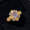 Cinta de Brocado Morado de Lujo Ligero, Anillo con Diamantes Florales, Aretes, Collar, Conjunto de Joyería de Moda y Exquisito, Estilo Retro Artístico