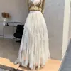 Falda Asimétrica con Adorno de Encaje para Mujer, Falda Larga de Malla Adelgazante de Cintura Alta para Otoño
