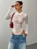 2025 Ropa de Mujer de Encaje Sexy Chica Caliente Deseo Puro Transparente Ajustado Cuello Redondo Manga Larga Camiseta Mono Estilo Europeo y Americano