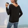 Tops de Manga Larga de Comercio Exterior de Amazon 2024 Otoño Nuevo Europeo y Americano Transfronterizo para Mujer Cuello en V Encaje Empalmado Camisetas Básicas