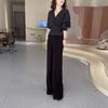25823 Xin Da Ai Mei Yuan Novo Outono Solto Preguiçoso Gola V Blusa Calça Reta de Cintura Alta Emagrecedor Feminino