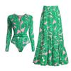 Traje de baño europeo y americano 2024, nuevo traje de surf con estampado verde y cremallera de manga larga para mujer, explosiones transfronterizas
