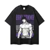 Anime de luta em estilo japonês, sangue quente, vintage lavado, manga curta, corte solto, ombro caído, marca moderna, estilo casual, versátil, top estampado