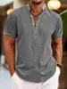 Camisa Masculina de Manga Curta Estilo Europeu e Americano para o Verão, Camisa Masculina Meio Aberta de Cor Pura com Gola Alta, Manga Curta de Linho