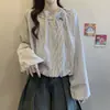 Exportación de Marca ~ Camisa de Manga Larga Rayada con Etiqueta Cortada, Camisa Muy Bonita de Otoño, Top Adelgazante que Cubre la Barriga para Mujer