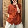 Gola Alta Design de Bolso Verão Novo Versátil Manga Curta Cardigan Liso Emagrecedor Algodão Linho Manga Curta Camisa Top Roupas Femininas