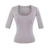 Camiseta de Lyocell Tencel con Cuello en U y Mangas Medias para Mujer 2026 Verano Única Elegante Chic Top Básico Ceñido a la Cintura
