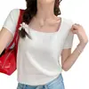 Nuevo top de punto de manga corta, estilo ligero de verano, camiseta de corte regular para mujer, top cuadrado de manga corta, capa base fina, algodón gris