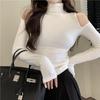 Camisa estilo coreano com decote ombro a ombro, gola semi-alta, manga comprida, camiseta feminina, outono e inverno 2024, nova cor sólida, slim fit, manga comprida interna