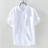 Camisa de lino para hombre, de manga corta, cuello alto, de verano, fina, holgada, de algodón y lino, blanca, estilo fresco, informal, para hombre