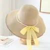 Nuevo Sombrero de Paja Tejido de Paja Transpirable con Lazo de Perlas y Cinta para Mujer Verano Playa Protección UV Sombrero para el Sol
