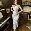 Vestido Retro Estampado Plissado Botonê Transfronteiriço para Mulheres, Cheongsam de Verão Aprimorado com Pintura a Tinta, Saia Longa Justa ao Corpo com Fenda