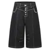 Jeans Guochao cleanfit de brim cru com costura contrastante, abotoado, de sete pontos, para homens e mulheres, calça larga de cintura alta, estilo intelectual