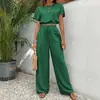 Conjunto de dos piezas de moda y elegante para mujer, camiseta lisa de cuello redondo y pantalones rectos ajustados a la cintura, nuevo estilo de comercio exterior transfronterizo europeo y americano 2026