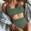 Traje de baño dividido nuevo 2025 para mujer, bikini sexy de color sólido europeo y americano, traje de baño cruzado de cintura alta, venta al por mayor de bikini