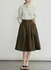 Estilo idêntico de Guo Yuxin, camisa verde Shanyu Muma de algodão pima com linho francês, acabamento encolhido à sal e gola alta listrada, para mulheres