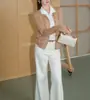 Suéter Camisa OLINIA DUO Falso Dos Piezas Otoño Caqui Lino Solapa Manga Larga Cárdigan de Lana Merino
