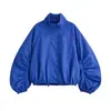 Ropa europea y americana transfronteriza para mujer estilo de venta caliente en AliExpress tendencia casual de moda mangas plisadas azul Klein cuello alto chaqueta azul