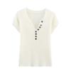 Comercio Exterior para Mujer Versátil Nuevo Color Sólido Manga Corta Moda Casual Estilo Europeo y Americano Verano Botón Top de Punto con Cuello