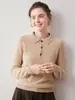 Nova coleção outono e inverno: camada base de tricô de cashmere moderna, macia e confortável, cor sólida, corte solto, gola polo feminina, mangas compridas