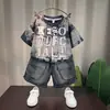 Conjunto de Ropa de Verano para Bebé Elegante Top Infantil de Moda Retro con Letras Camiseta de Manga Corta Conjunto Casual de Dos Piezas para Niños