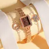 Relógio Feminino Quadrado com Numerais Arábicos, Pulseira de Aço, Encrustado com Diamantes, Fashionável, Versátil, Conjunto com Pulseira de Flores, Luxo Leve, High-End