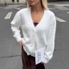 Jaqueta Cardigan de Tricô Europeia e Americana Transfronteiriça com Decote V de Veludo Imitação de Visão para Mulheres no Outono e Inverno Novo Estilo Preguiçoso Solto de Alta Qualidade
