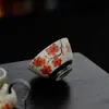 Taza de Té Cerámica para el Hogar Estilo Antiguo Pintada a Mano con Esmalte Caramelo, Diseño Azul Índigo y Ciruela Roja, Adecuada para Juego de Té Kung Fu y como Taza de Maestro