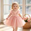 Ropa Europea y Americana para Niños Ropa para Bebé Fiesta de Cumpleaños del Primer Mes Bautizo Vestido Ropa Infantil Mangas Cortas Volantes Vestido de Princesa de Gasa de Vidrio Satinado