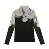 Camisa de baixo com gola alta e estampa de flor em malha posicionada, alta elasticidade, outono e inverno 2023, Nova Moda, estilo ocidental, pulôver, camiseta de manga longa
