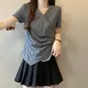 Camiseta de Verão da Moda para Mulheres, Design Irregular no Ombro, Decote em V, Manga Curta, Ajustada na Cintura, Cobre a Barriga, Blusa Única para Mulheres
