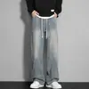 Calça jeans reta personalizada/estilo americano com forro de fleece para homens, calça grossa para outono e inverno, marca de moda high street unissex calça larga
