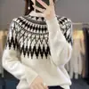 Suéter vintage de cuello alto medio transfronterizo para mujer, holgado y grueso, con patrón de jacquard, mangas largas, nueva capa base de punto para otoño e invierno