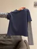 Camiseta Patchwork Listrada Color-Block de Manga Longa para Mulheres, Inspirada em Design, Falsa Peça Dupla, Outono 2026, Top Base Único de Nicho