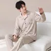 Pijama de Talla Grande para Hombre Primavera y Otoño Algodón Puro Casual Holgado Cuello de Solapa Manga Larga Adolescentes Pueden Usar Ropa de Casa para Salir Conjunto