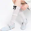 Calcetines estilo JK de ballet de malla semitransparente para pantorrilla con lazo de encaje y volantes para mujer, blancos, para combinar con zapatos pequeños de cuero