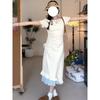 Vestido coreano fresco y dulce de dos piezas falsas para mujer Primavera y Verano Nuevo estilo Asimétrico con cordón Fruncido en la cintura Halter Falda larga