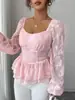 Blusa floral de jacquard para mujer transfronteriza, nuevo estilo de primavera, escote cuadrado, mangas abullonadas, espalda fruncida, dobladillo con volantes y cintura ajustada