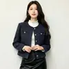 Jaqueta Feminina Azul Marinho Estilo Francês, Manga Longa, Caimento Solto, Estilo Chanel, Design de Outono Transfronteiriço, de Botão Único, Top Curto Elegante