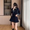 Tiro Real Otoño e Invierno Nuevo Retro Francés Dos Piezas Falsas Costuras de Mezclilla Estilo Pequeño Chanel Abrigo Falda Plisada Estilo Occidental Conjunto de Dos Piezas