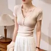 Camiseta de Manga Corta Ecosilk Henry Button para Mujer de 260g, Nuevo Estilo de Verano, Cuello en V, Cintura Alta, Corte Corto Ajustado, Top Elegante