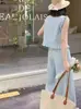 Conjunto de Roupa de Verão Super na Moda 2026 para Mulheres: Conjunto de Duas Peças: Top de Algodão e Linho Sem Mangas com Bordas Franzidas e Calça Wide Leg