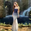 Nuevo vestido strapless con degradado estilo francés para mujer, falda larga ajustada estilo sirena, vestido bodycon estilo vacación en la playa
